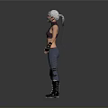 Woman With White Hair Wearing Mask Purple Top Black Gloves Blue Jeans And Black Boots