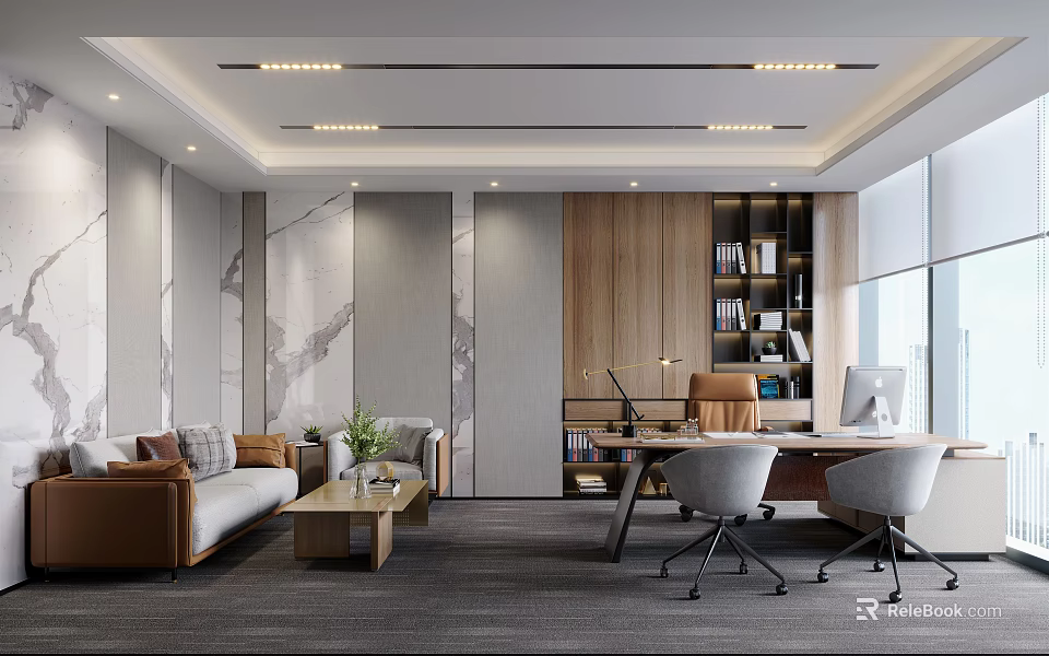 Modern Office Interior With Sofa Coffee Table Desk Chairs And Bookshelf 3d model 
