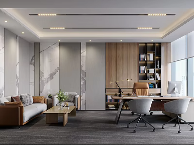 Modern Office Interior With Sofa Coffee Table Desk Chairs And Bookshelf 3d model