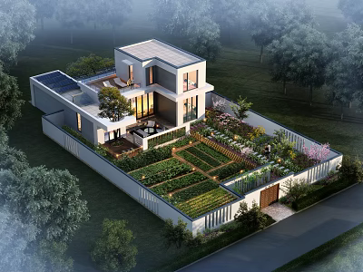 Modern House Garden Landscape With Roof Garden Vegetable Beds And Surrounding Trees 3d model