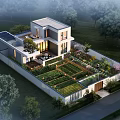 Modern House Garden Landscape With Roof Garden Vegetable Beds And Surrounding Trees