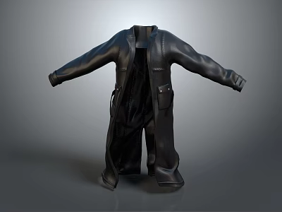 Stylish Long Black Leather Coat With Pockets For Daily Use And Warmth 3d model