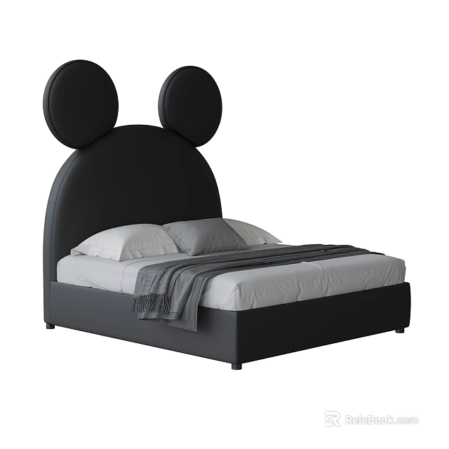 Black Kids Bed With Mickey Mouse Ears Headboard And Cozy Pillow Blanket 3d model 