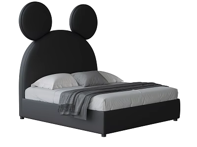 Black Kids Bed With Mickey Mouse Ears Headboard And Cozy Pillow Blanket 3d model