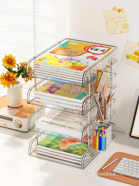 Colorful Books And Magazines On Transparent Multi Layered Shelf With Stationery And Sunflower Vase 3d model 