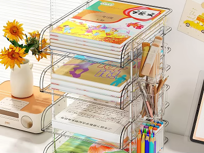 Colorful Books And Magazines On Transparent Multi Layered Shelf With Stationery And Sunflower Vase 3d model