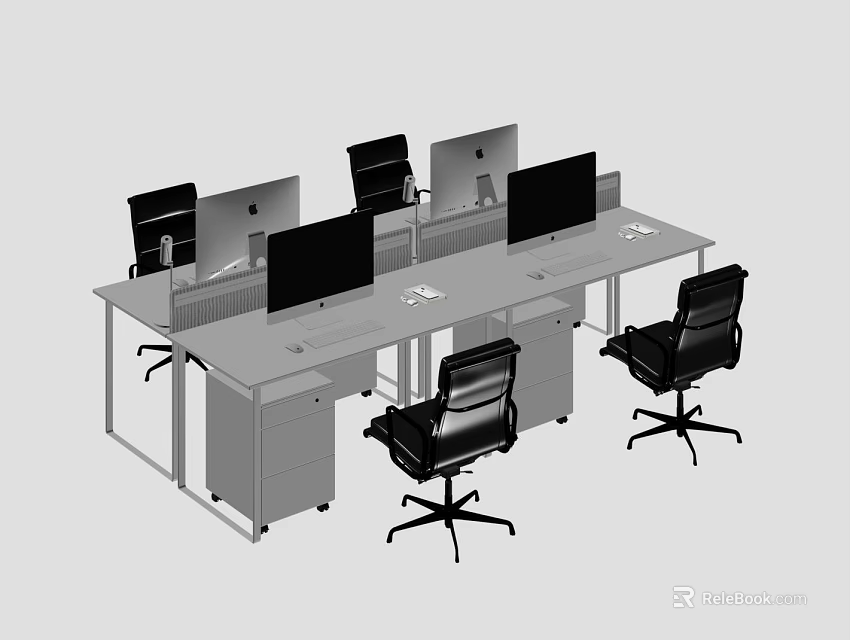 Modular Office Desks With Computer Monitors Black Chairs And Under Desk Cabinets 3d model 