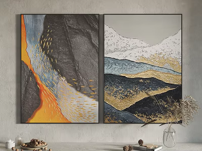 Modern Abstract Paintings with Mountain Wave Patterns Gold Blue Gray Tones Wall Decor 3d model