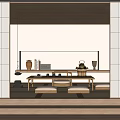 Japanese Style Tea Room Interior With Wooden Shoji Doors And Tatami Seating