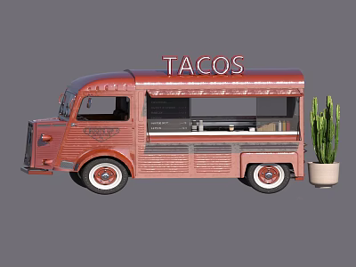 Vintage Red Food Truck Design With Tacos Sign And Potted Cactus 3d model