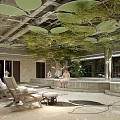 Tranquil Modern SPA Sauna Wellness Space With Lush Green Leaf Ceiling And Relaxation Chairs