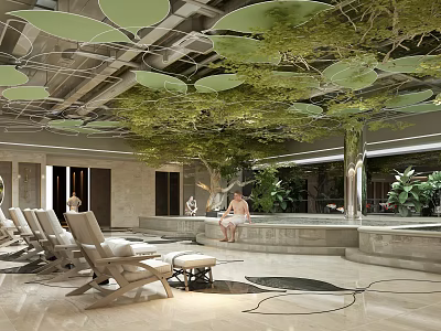 Tranquil Modern SPA Sauna Wellness Space With Lush Green Leaf Ceiling And Relaxation Chairs 3d model