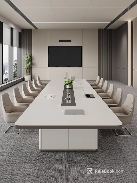 Modern Large White Conference Table With Ergonomic Chairs In Elegant Corporate Meeting Room Interior 3d model 