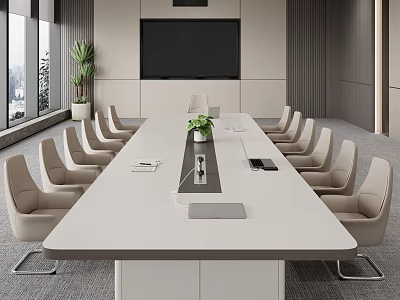 Modern Large White Conference Table With Ergonomic Chairs In Elegant Corporate Meeting Room Interior 3d model
