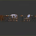 Wooden Outdoor Furniture Collection With Round Tables Chairs Benches And Blue Cushions