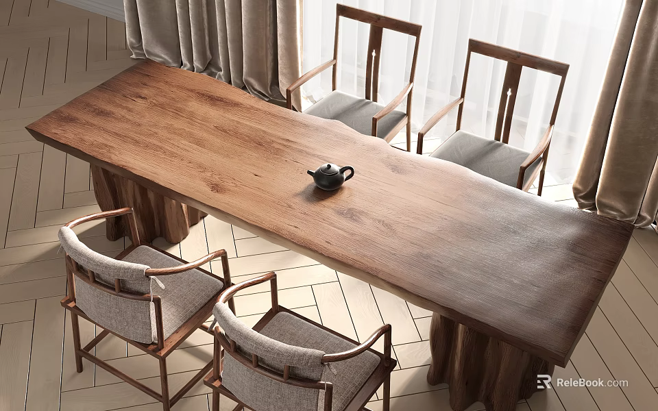 Wooden Tea Table and Fabric Cushioned Chairs with Solid Wood Top in Natural Style 3d model 