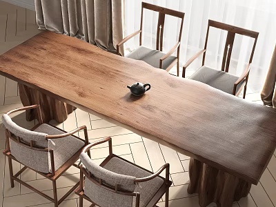 Wooden Tea Table and Fabric Cushioned Chairs with Solid Wood Top in Natural Style 3d model