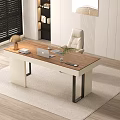 Modern Desk with Wooden Top Laptop Lamp Green Plant White Chair Window View and Bookshelf