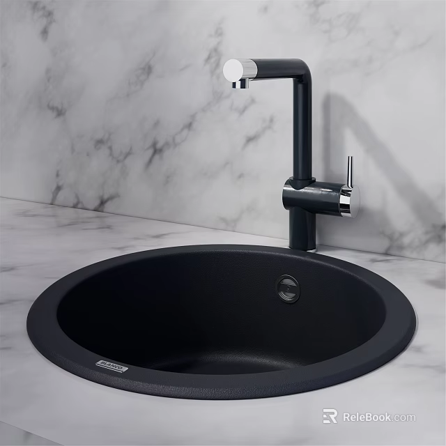 Black Round Quartz Kitchen Sink with Modern Black Faucet on Marble Countertop 3d model 