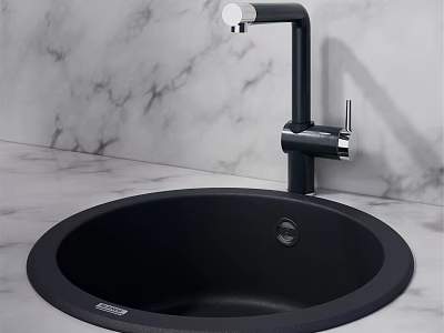 Black Round Quartz Kitchen Sink with Modern Black Faucet on Marble Countertop 3d model