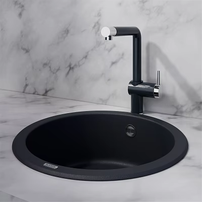Black Round Quartz Kitchen Sink with Modern Black Faucet on Marble Countertop 3d model