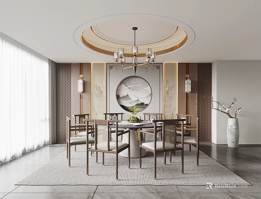 Chinese Style Restaurant Interior With Round Dining Table Wooden Chairs And Chandelier Decor 3d model 