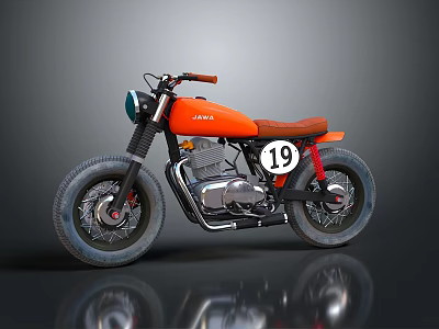 Vintage JAWA Motorcycle With Orange Body Number 19 Brown Seat And Black Tires 3d model