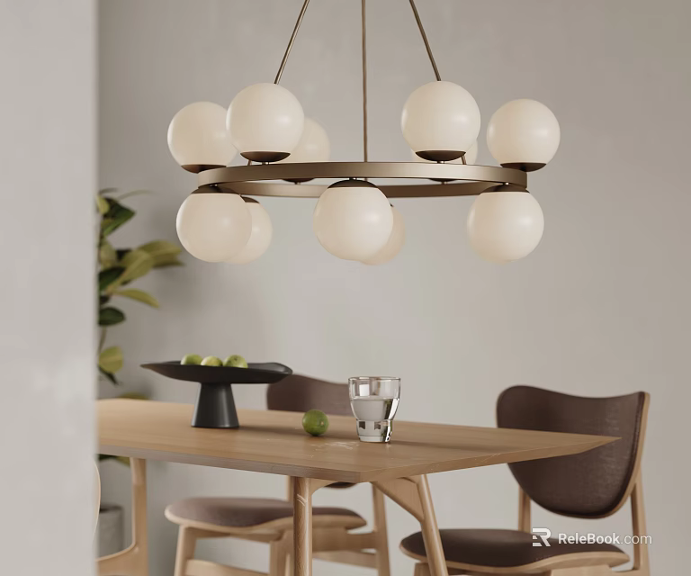 Modern Multiple White Globe Chandelier in Dining Room Above Wooden Table With Chairs and Plant 3d model 