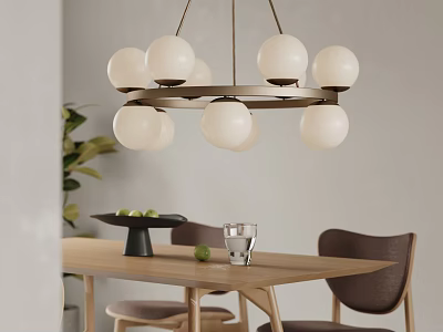 Modern Multiple White Globe Chandelier in Dining Room Above Wooden Table With Chairs and Plant 3d model