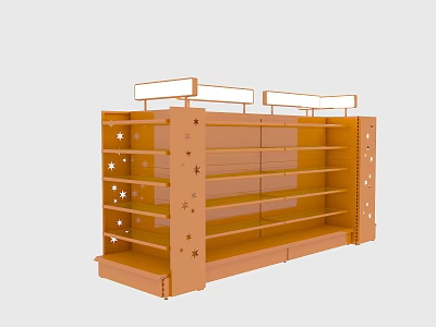 Orange Retail Shelving Unit With Star Decorations And Top Lighting Fixtures 3d model
