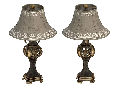 Vintage Style Table Lamps With Carved Base Gray Lampshade And White Patterned Trim 3d model