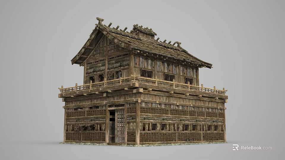 Ancient Traditional Wooden Architecture with Two Story Structure Tile Roof and Balcony Windows 3d model 