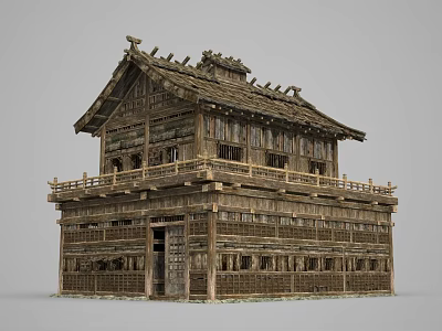 Ancient Traditional Wooden Architecture with Two Story Structure Tile Roof and Balcony Windows 3d model