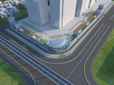 Modern Commercial Complex Featuring High Rise Buildings Circular Plaza And Green Spaces 3d model