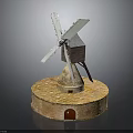 Detailed Wooden Windmill Building Model With Circular Base And Red Door Structure