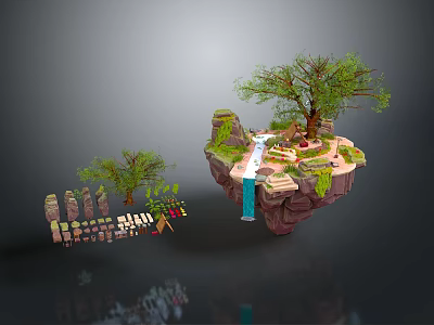 Cartoon Scene of Floating Island with Lush Trees Waterfall and Small Plants 3d model