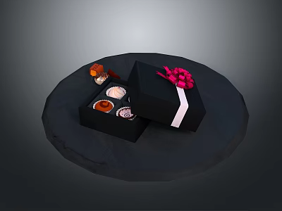 Open Black Gift Box With White Ribbon Pink Bow And Small Items On Circular Platform 3d model