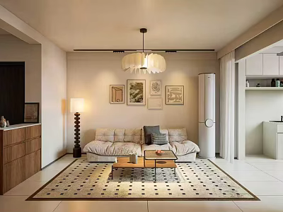 Modern Living and Dining Room Interior With Beige Sofa Wooden Cabinetry Decorative Paintings And Chandelier 3d model