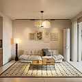 Modern Living and Dining Room Interior With Beige Sofa Wooden Cabinetry Decorative Paintings And Chandelier