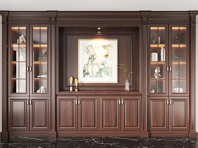 Elegant Dark Brown Solid Wood Bookcase With Glass Doors Decorative Items And Green Plant 3d model