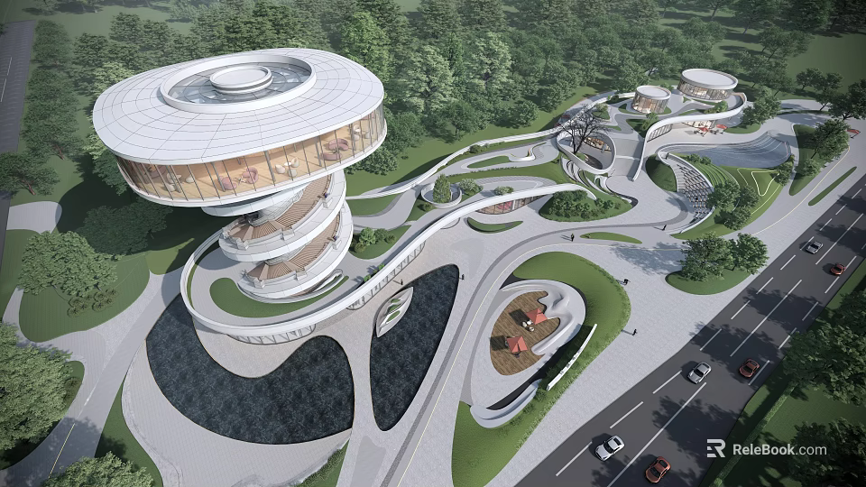 Modern Sales Office Building With Unique Spiral Design And Green Surroundings 3d model 