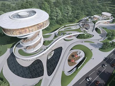 Modern Sales Office Building With Unique Spiral Design And Green Surroundings 3d model