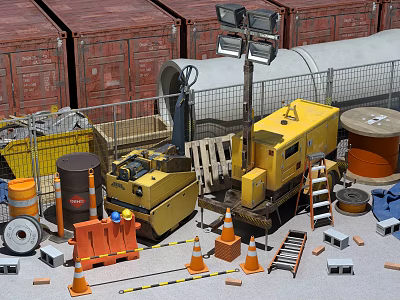 Industrial Equipment Setup With Red Containers Orange Traffic Cones Ladders Cable Reels And Metal Fences 3d model
