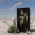 Modern Wedding Decor With Black Backdrop White Flowers Arched Structure And Sandy Ground 3d model