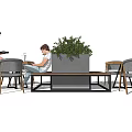 Modern Wooden Dining Table Set With Gray Chairs Green Plant And People Interacting