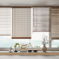 Varied Style Bamboo Blinds for Home Interior with Mountain View and Decorative Vases on Windowsill