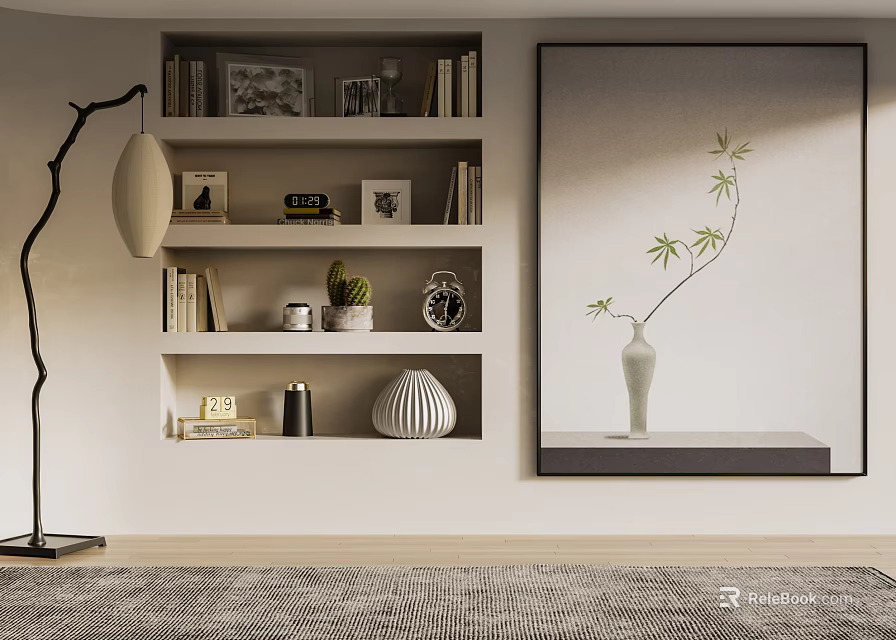 Stylish Room Interior With Bookshelf Books Photo Frames Plants Clock Floor Lamp And Wall Art 3d model 