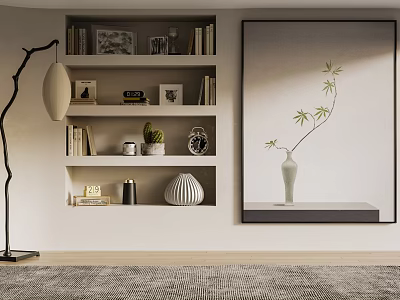 Stylish Room Interior With Bookshelf Books Photo Frames Plants Clock Floor Lamp And Wall Art 3d model