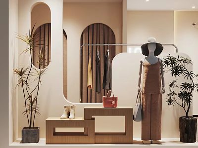 Stylish Clothing Store Display With Arched Doorway Mannequin Outfit Plants Bag And Shoes On Table 3d model