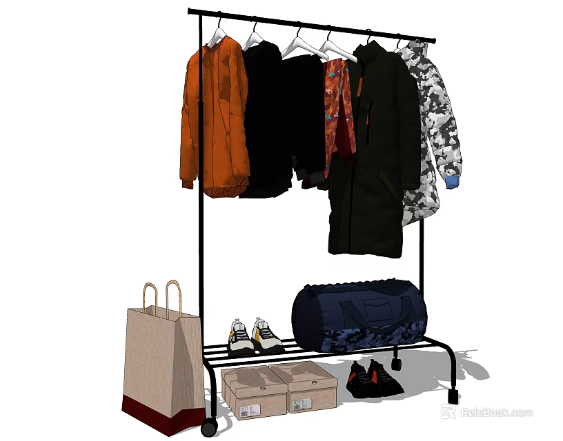 Standing Clothes Rack With Hanging Clothes Shopping Bag Shoes And Storage Boxes 3d model 